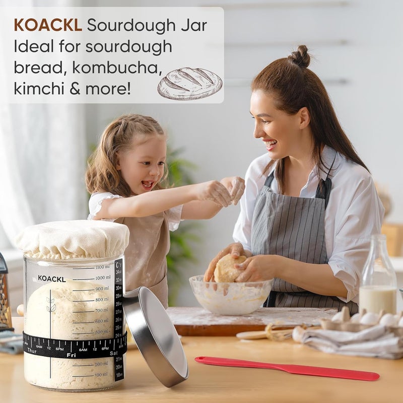 Koackl برطمان بدء العجين المخمر، مجموعة بدء العجين المخمر 40 أونصة مع أداة خبز مغناطيسية، مقياس حرارة، ملعقة طويلة، غطاء قماشي وغطاء لوازم خبز العجين المخمر - Image 3